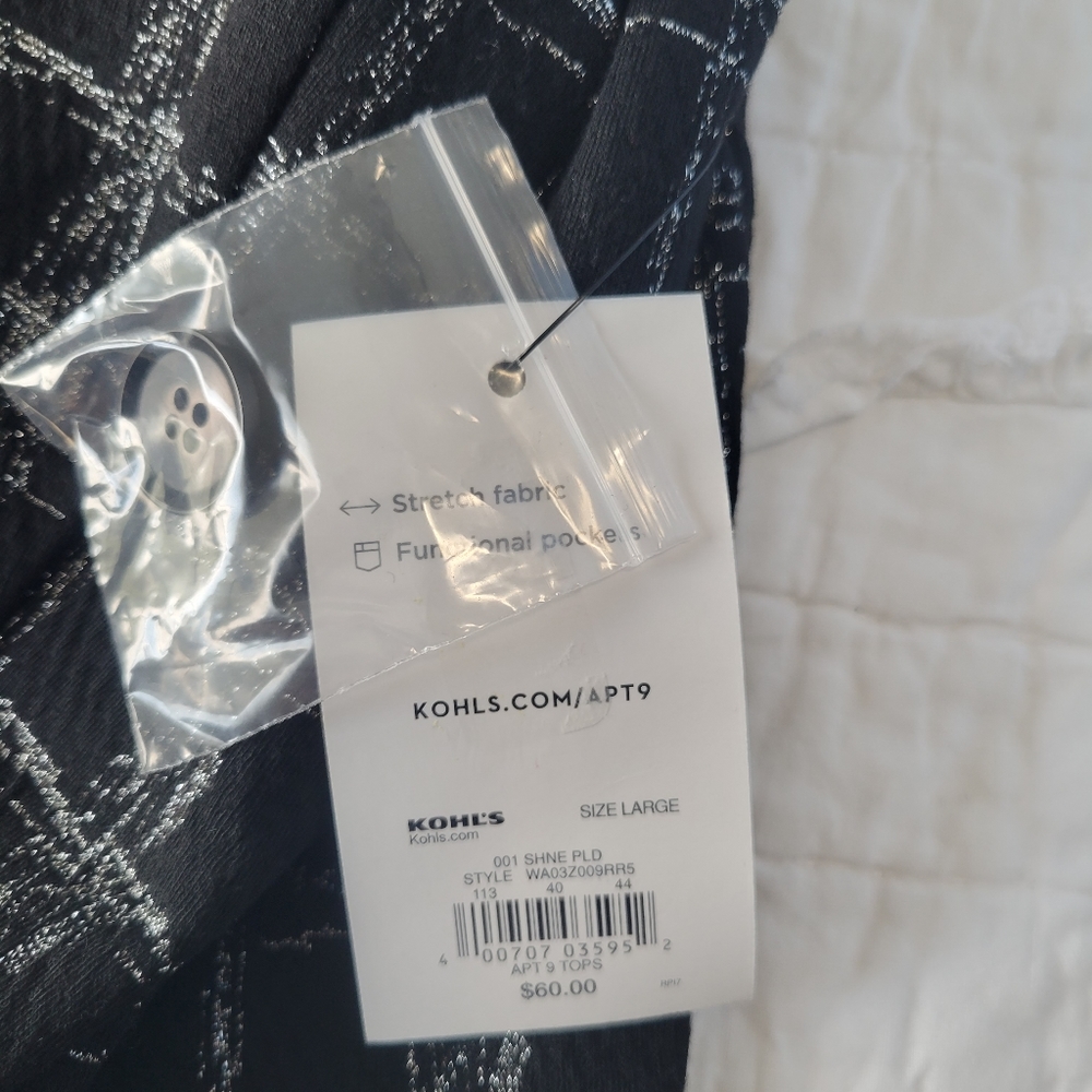 APT. 9 Ponte Stretch Knit Jacket Shine Plaid L NWT Black & Silver - Picture 11 of 16